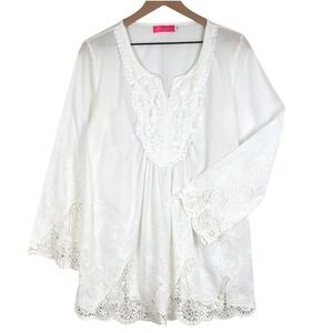 LINYI TAO Embroidered Lace Bell Sleeve Tunic Top Women's Sz XL White Cotton